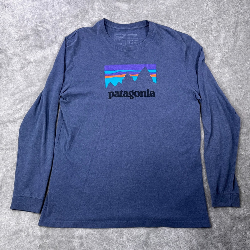 Patagonia Long Sleeve Shirt Mens L Blue Responsibili-Tee Graphic Logo Regular
